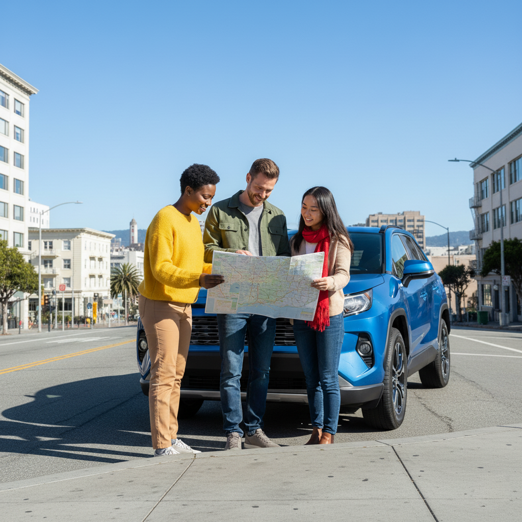A diverse group of friends smiling and looking at a map near a modern blue sedan on a sidewalk in San Francisco, discussing travel plans.