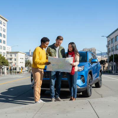 A diverse group of friends smiling and looking at a map near a modern blue sedan on a sidewalk in San Francisco, discussing travel plans.