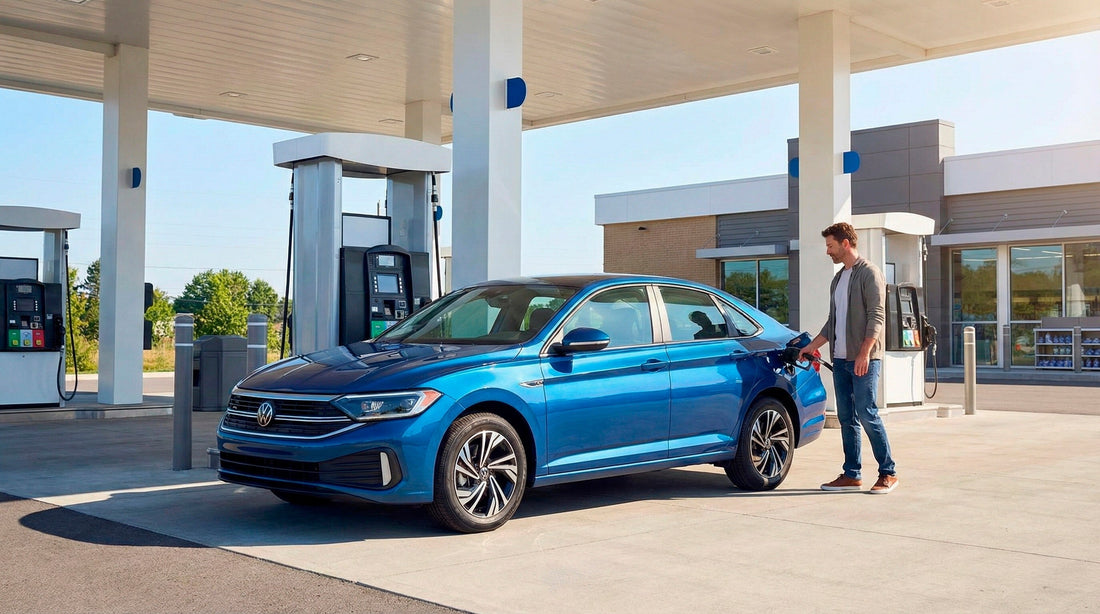 Traveler refueling a fuel-efficient blue sedan car hire at a gas station to save on travel costs.