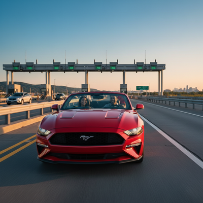 Driver using an E-ZPass with a New York car hire while crossing a city toll bridge, managing tolls easily with their rental car.