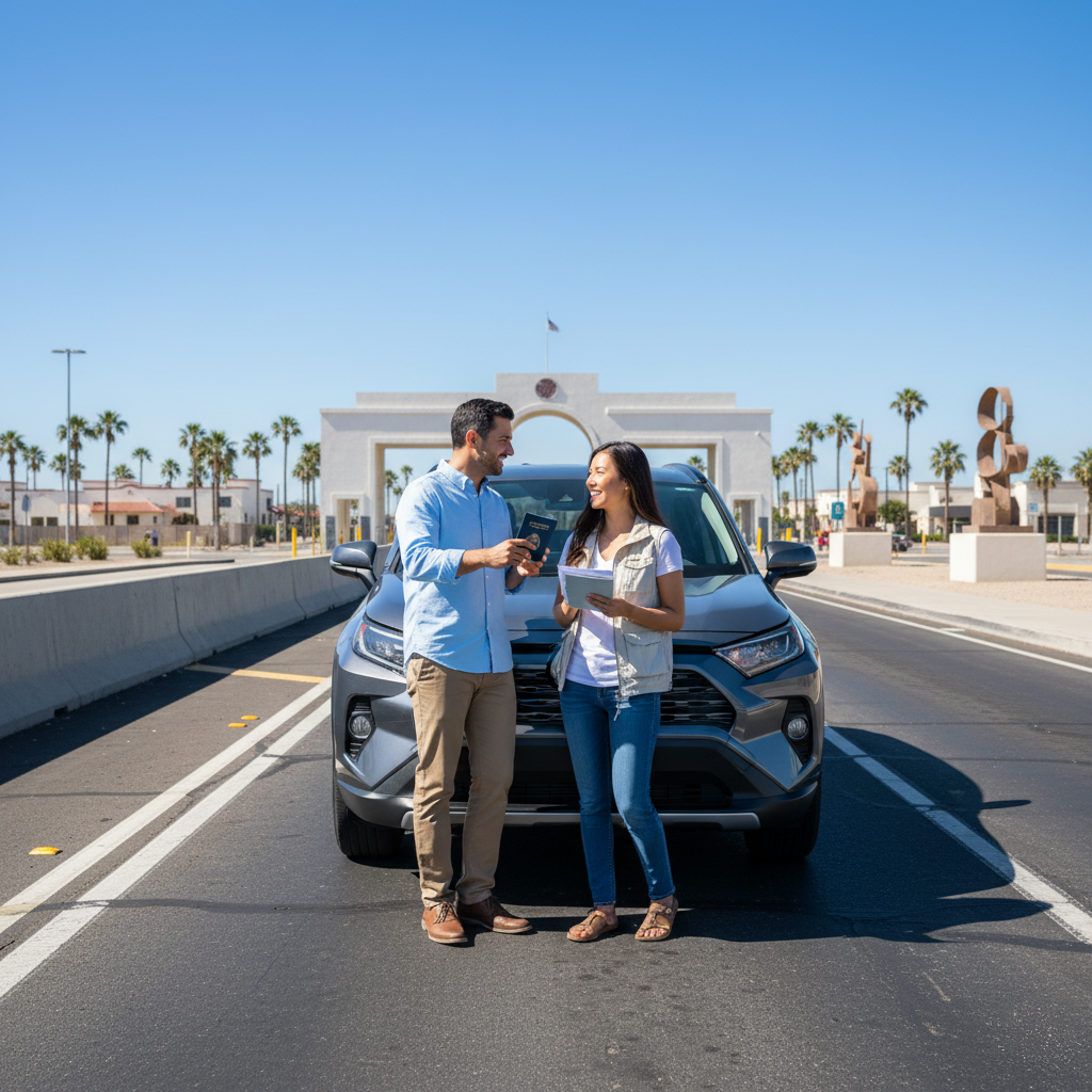 A couple standing confidently next to a modern grey sedan near a border crossing, discussing travel documents.