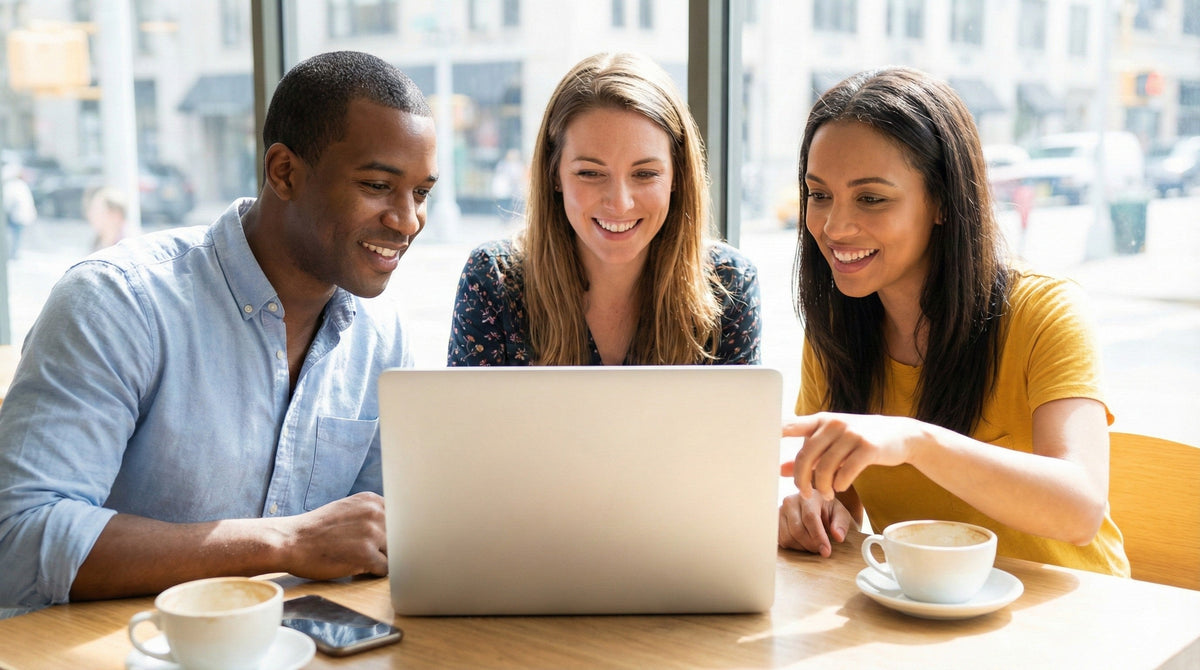 A diverse group of three friends in a cafe, smiling and pointing at the back of a laptop, suggesting they are reading online reviews.