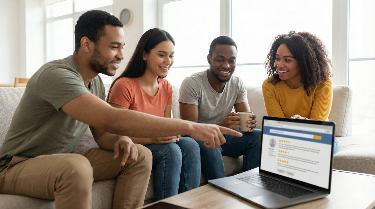 Person looking at Hola Car Rentals reviews on Google and Trustpilot on a laptop before a US car hire.