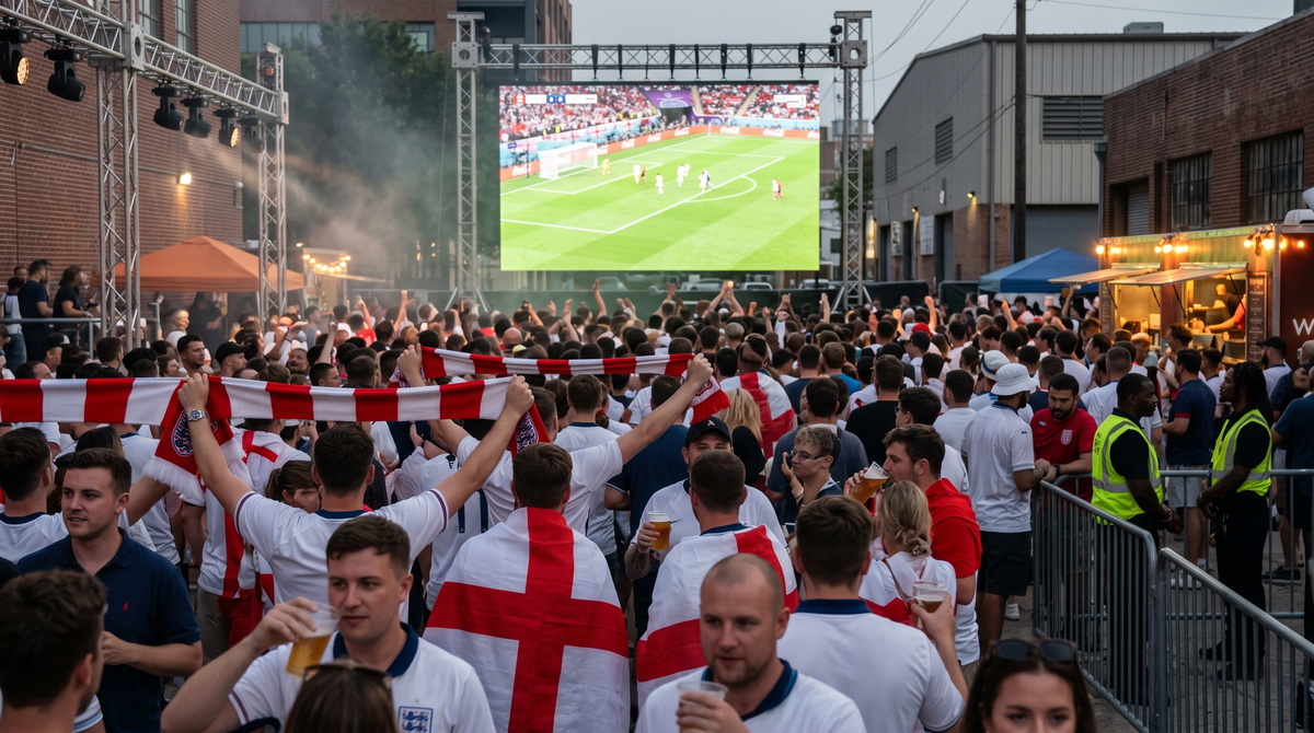 Gran multitud de aficionados de Inglaterra con camisetas blancas y banderas de San Jorge viendo un partido de fútbol en una pantalla gigante al aire libre durante una animada reunión estilo pub del Mundial de la FIFA 2026.