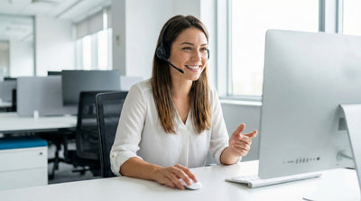 A smiling female customer service representative with a headset at her desk in a modern office, gesturing while speaking.