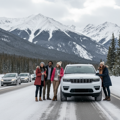 A group of people interacting next to a white SUV (rental car) on a snowy mountain road, suggesting comfortable winter driving.