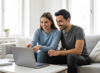 A couple securely booking a car hire on holacarrentals.com, ensuring a safe car rental experience in the USA.