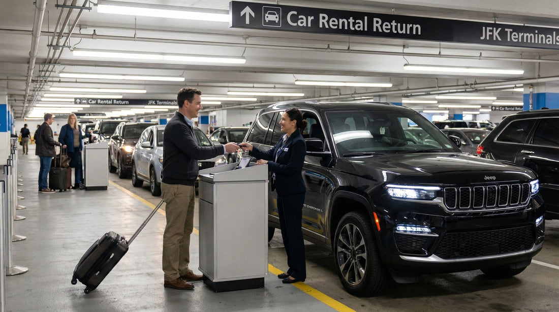 A man handing keys to a car rental agent in a well-lit indoor parking garage with a black SUV and luggage.