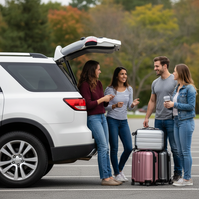 A diverse group of four friends loading luggage into the back of a white rental SUV in an outdoor parking lot before a road trip.