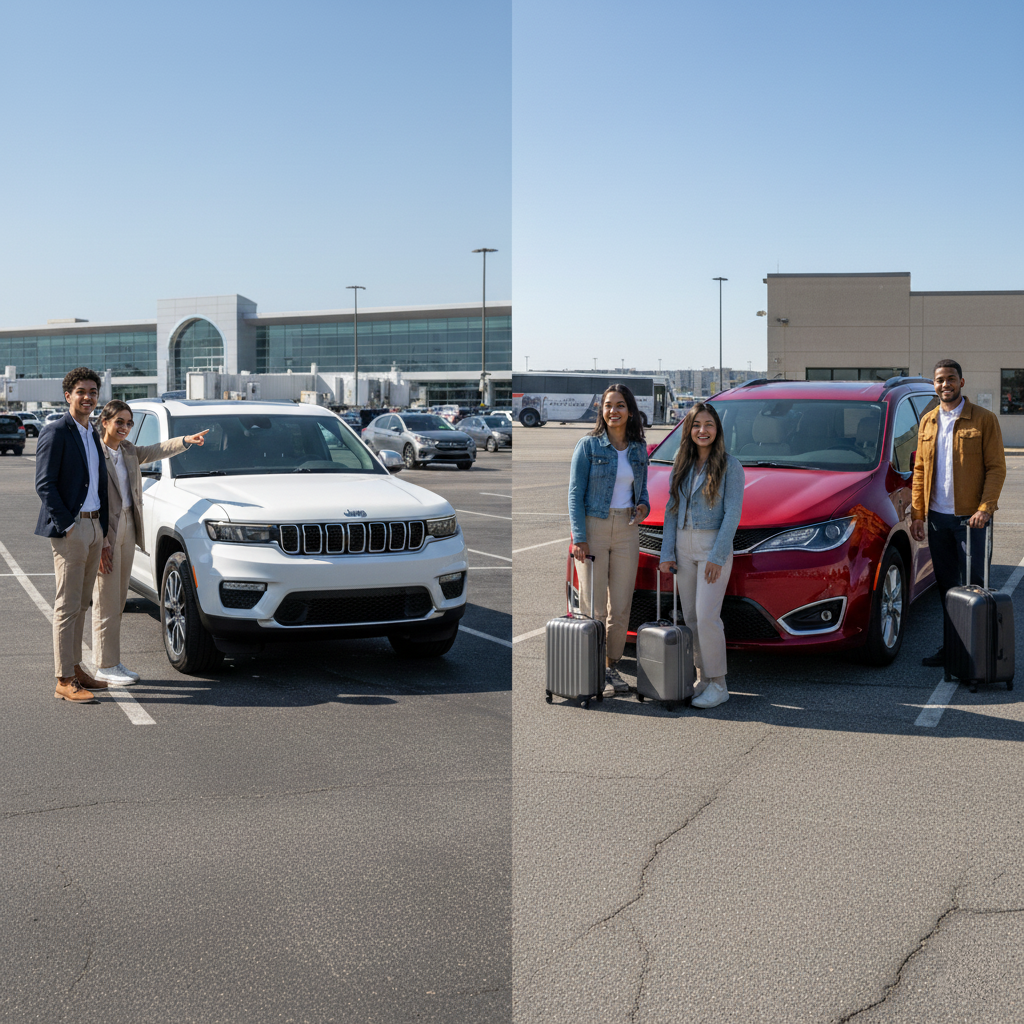 Travelers comparing car rental prices at JFK and Newark airports to choose the cheapest car hire option for New York City trips.