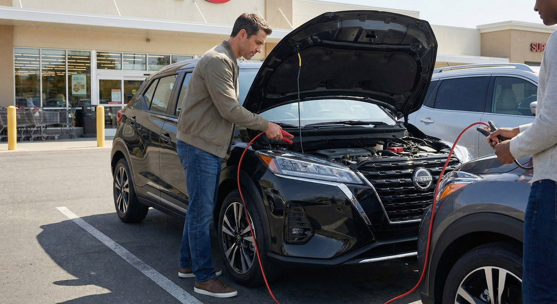 Two men using jumper cables to jump-start a dead car rental battery in a parking lot.