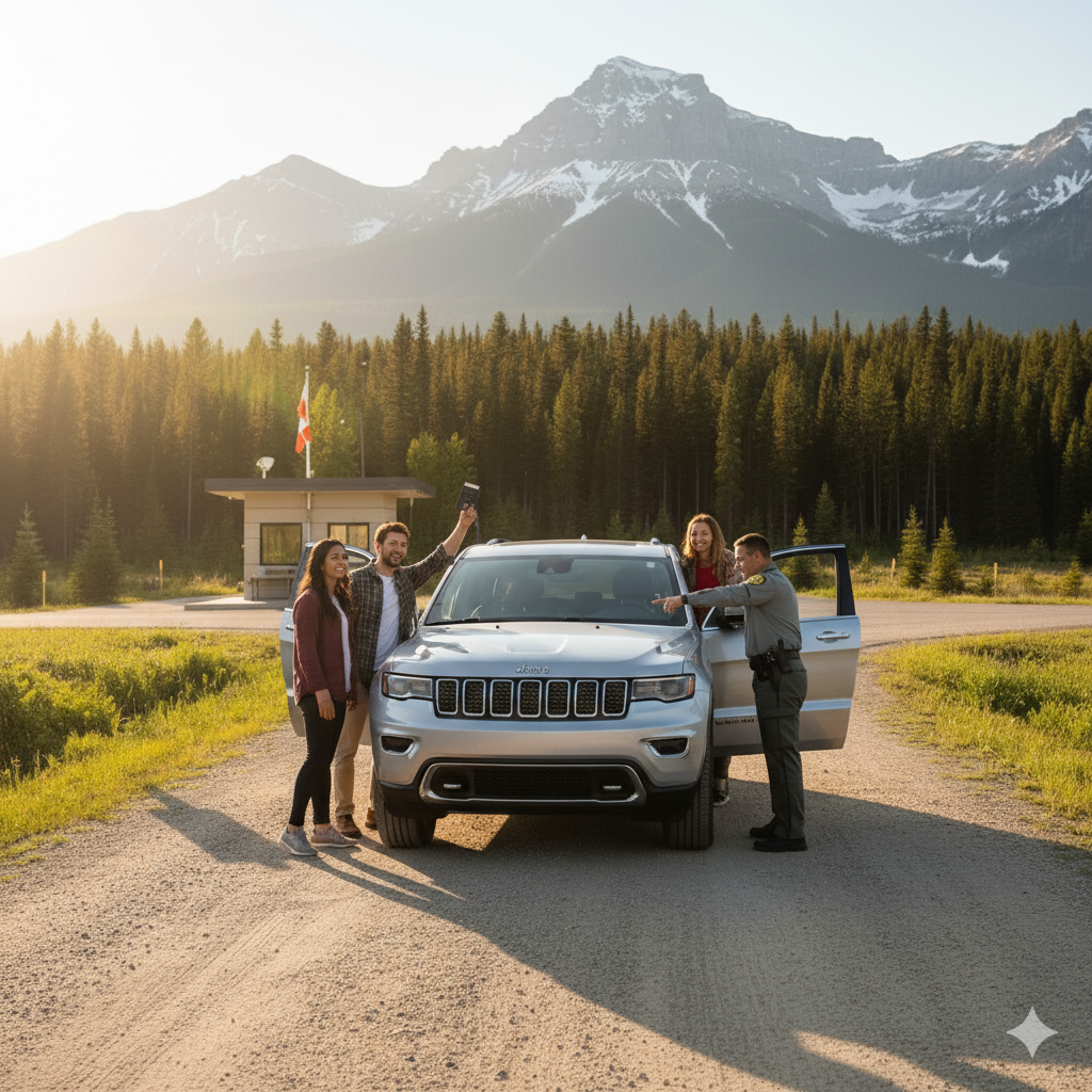 Three travelers with a silver Jeep Grand Cherokee at a scenic mountain border crossing, showing passports to an official, for car rental to Canada from Kalispell.