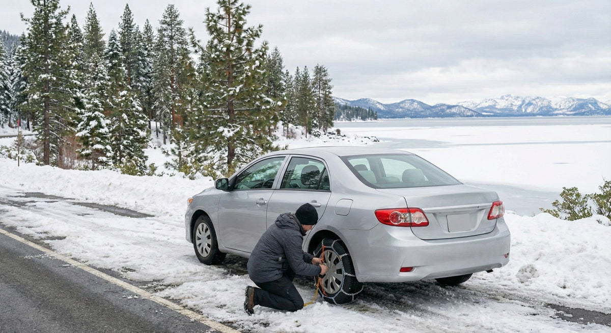 A car stopped on the side of a snowy road near Lake Tahoe, illustrating winter driving conditions that may require snow chains.
