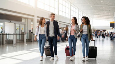 Happy group of travellers with luggage move through Orlando airport after landing.