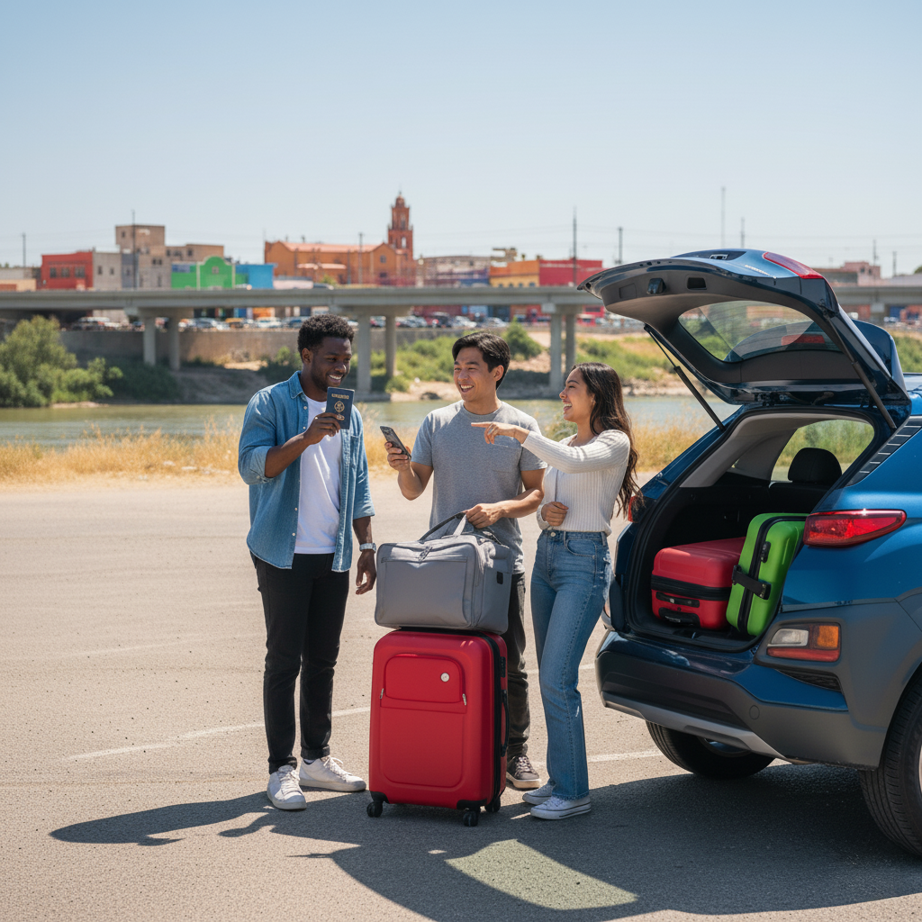 Three diverse friends with passports and luggage loading a blue SUV near a river and colorful town, preparing for Mexico.