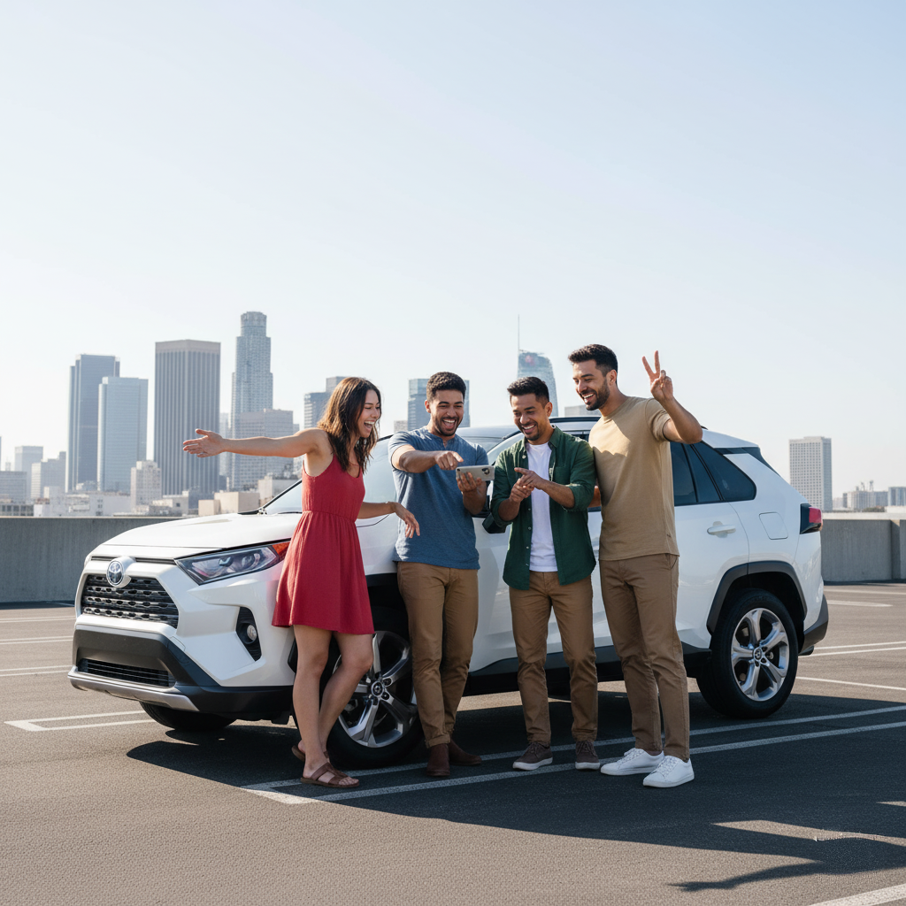 A diverse group of friends happily interacting by a white SUV with the Los Angeles skyline in the background on a bright, clear day.