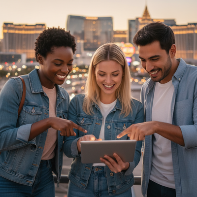 Three friends happily interacting while looking at a tablet with the Las Vegas cityscape in the background at sunset, planning their car rental with free cancellation.