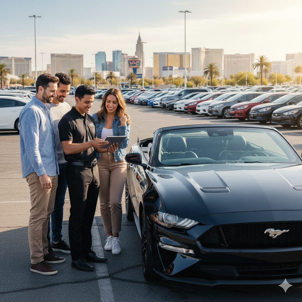 A group of happy customers with a car rental agent looking at a tablet next to a black Ford Mustang convertible in a Las Vegas parking lot, signifying car hire with included insurance.