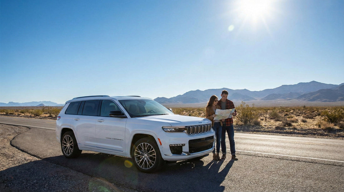 A white Jeep Grand Cherokee L SUV parked on a desert road near Las Vegas, with a couple standing by it and looking at a map under the bright sun.