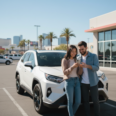 Diverse group of friends comparing long-term one-month car rental costs on a tablet in a bright setting, with a modern rental car visible in the background.