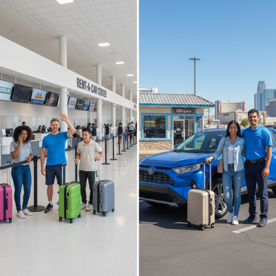 Las Vegas car rental options: Travelers at an airport Rent-A-Car Center vs. an off-airport pickup with a Hola Car Rentals agent.