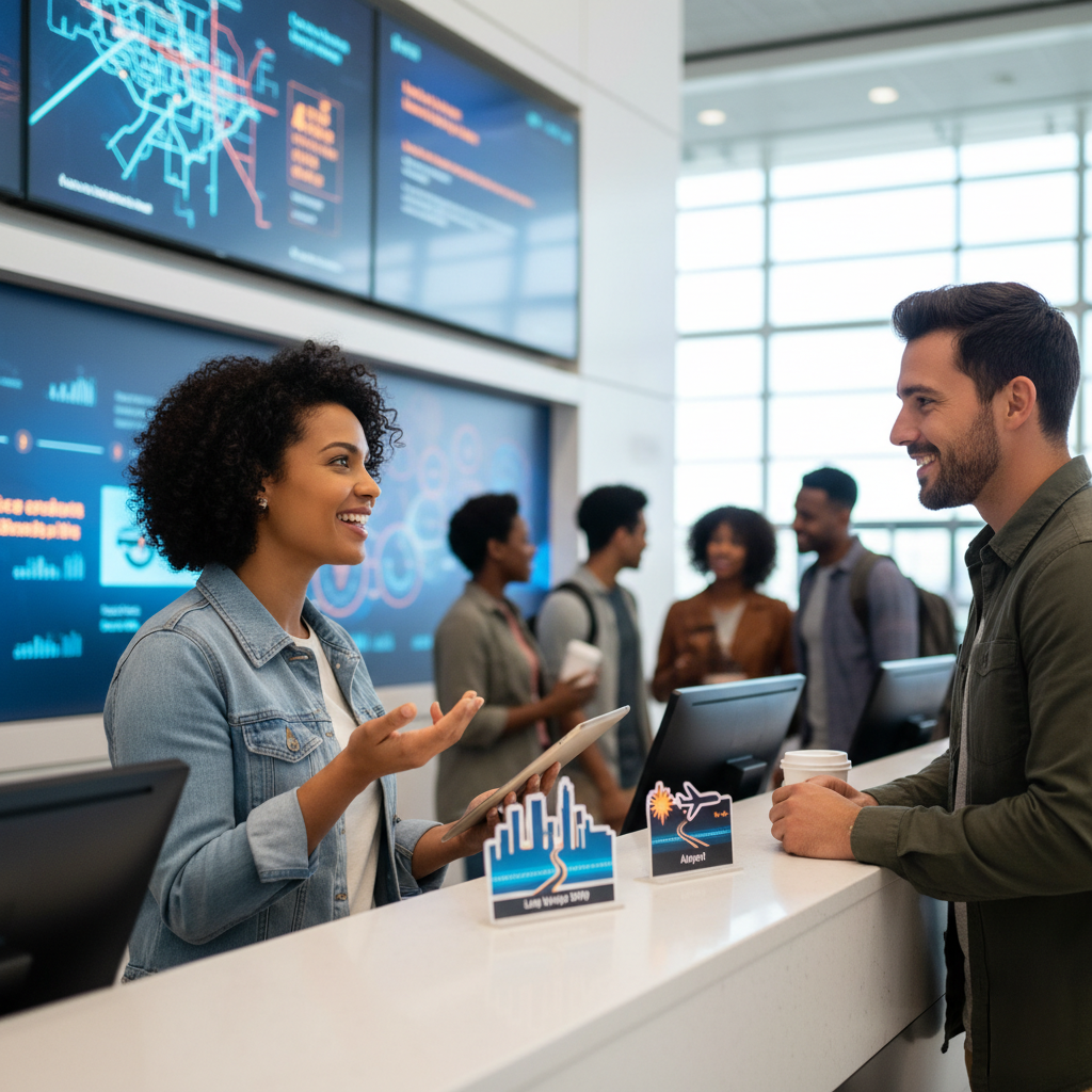 A person happily considering car rental options at an airport counter, contemplating Las Vegas Strip or airport pick-up.
