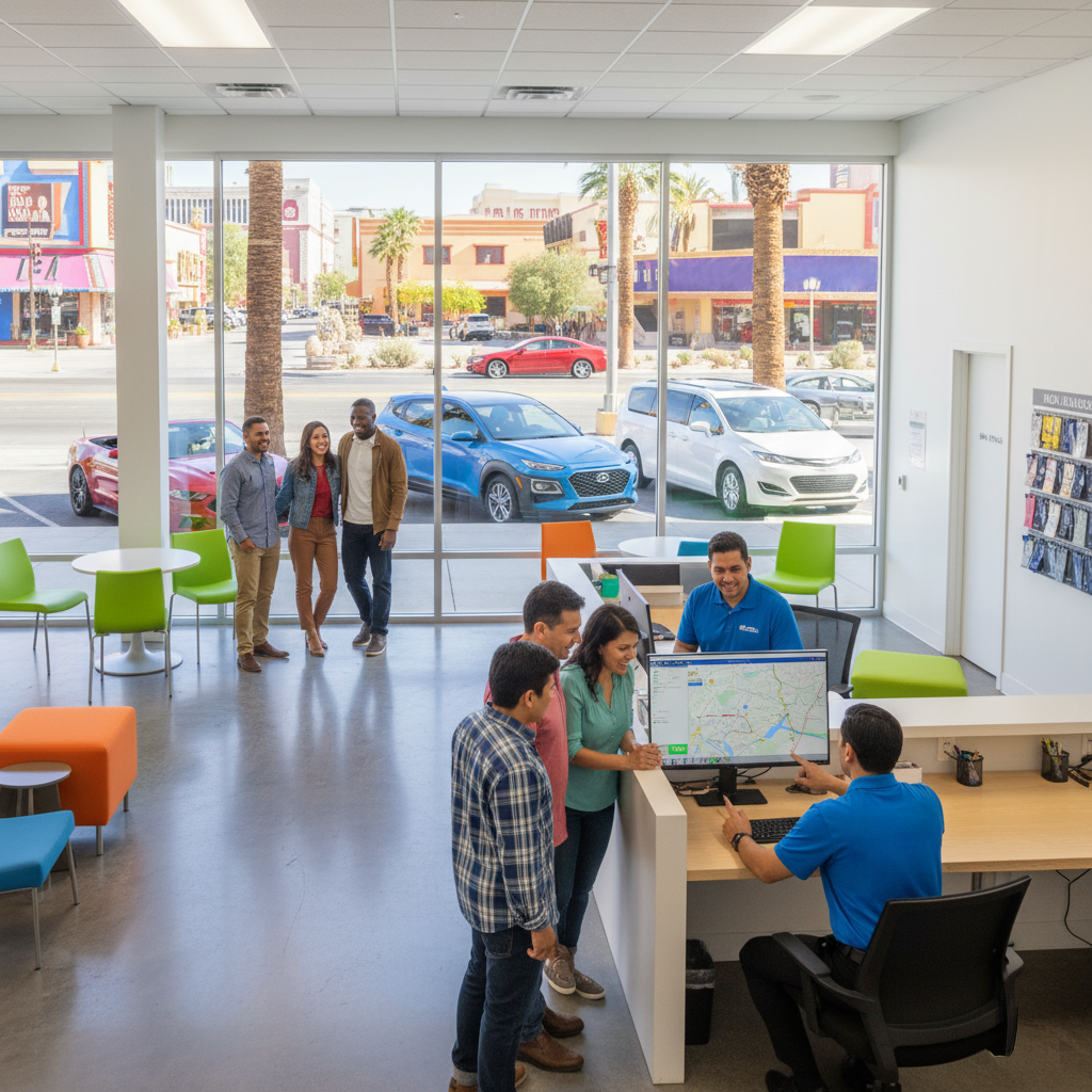 A family at a counter in a bright Las Vegas office, looking at a map on a screen with an agent.
