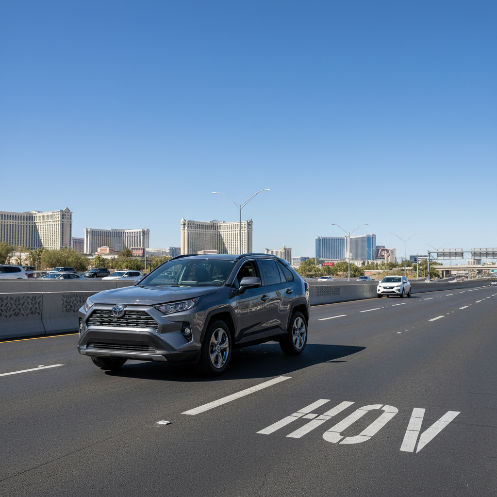 A modern grey SUV driving on a dark pavement with an "HOV" lane marking, under a clear sky, symbolizing easy car hire travel.