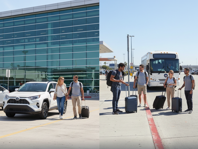 LAX car rental pickup: On-site (couple with car at terminal) vs. shuttle (group waiting for bus).