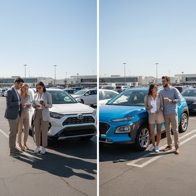 LAX vs. SNA car rental cost comparison. Travelers with cars at LAX (higher price) and Santa Ana (lower price) for LA trips.