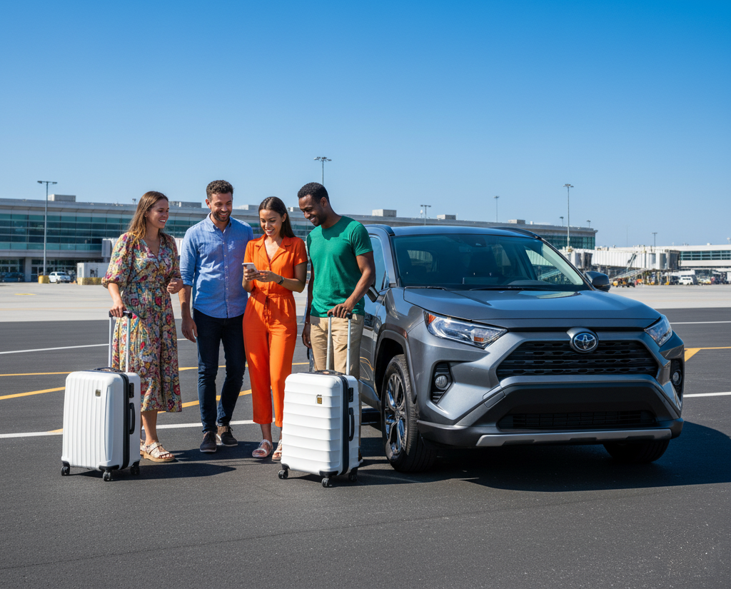A group of friends with luggage stands next to a grey Toyota Rav4 at a bright airport, relevant for Logan Airport vs Back Bay car rental.