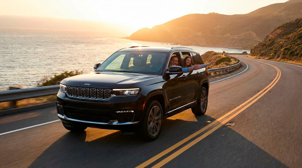 Couple enjoying a sunset drive along the coast in a black Jeep Grand Cherokee rental car.