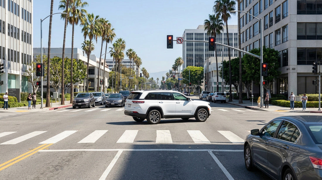 A car hire stops before the white lines of a busy intersection in downtown Los Angeles