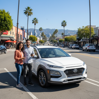 A diverse couple smiles, standing next to a white Hyundai Kona on a sunny Los Angeles street, ideal for car hire and city parking.