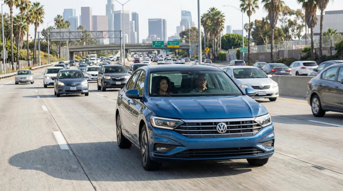 A couple driving a blue Volkswagen Jetta rental car in heavy Los Angeles highway traffic with the downtown skyline ahead.