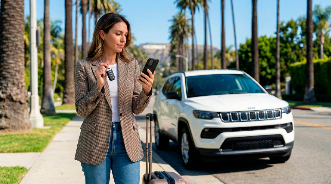 Business traveler booking a ride on her phone next to a white SUV car rental in Los Angeles CA.