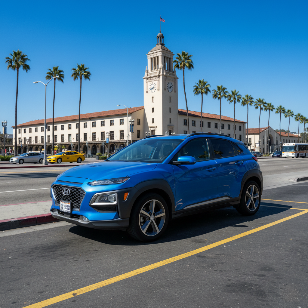 A modern blue SUV parked at a designated car rental return area outside Los Angeles Union Station on a clear day.