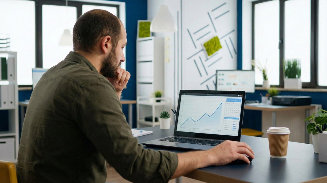 Man analyzing a price trend graph on a laptop screen to lock in the best car hire rate online.