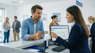 A man with a concerned expression shows his driver's license to a car rental agent at a counter.