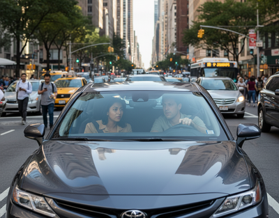 A group of travelers looking concerned while pointing at a map or city sign, symbolizing the challenge of navigating the Manhattan congestion zone.