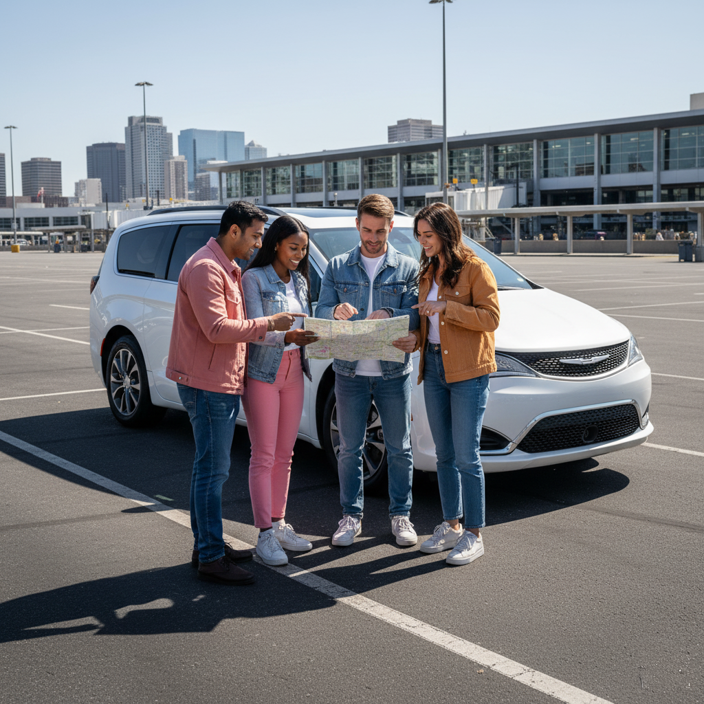 A diverse group of friends looking at a map outside a modern white minivan, suggesting convenient weekend car hire choices.