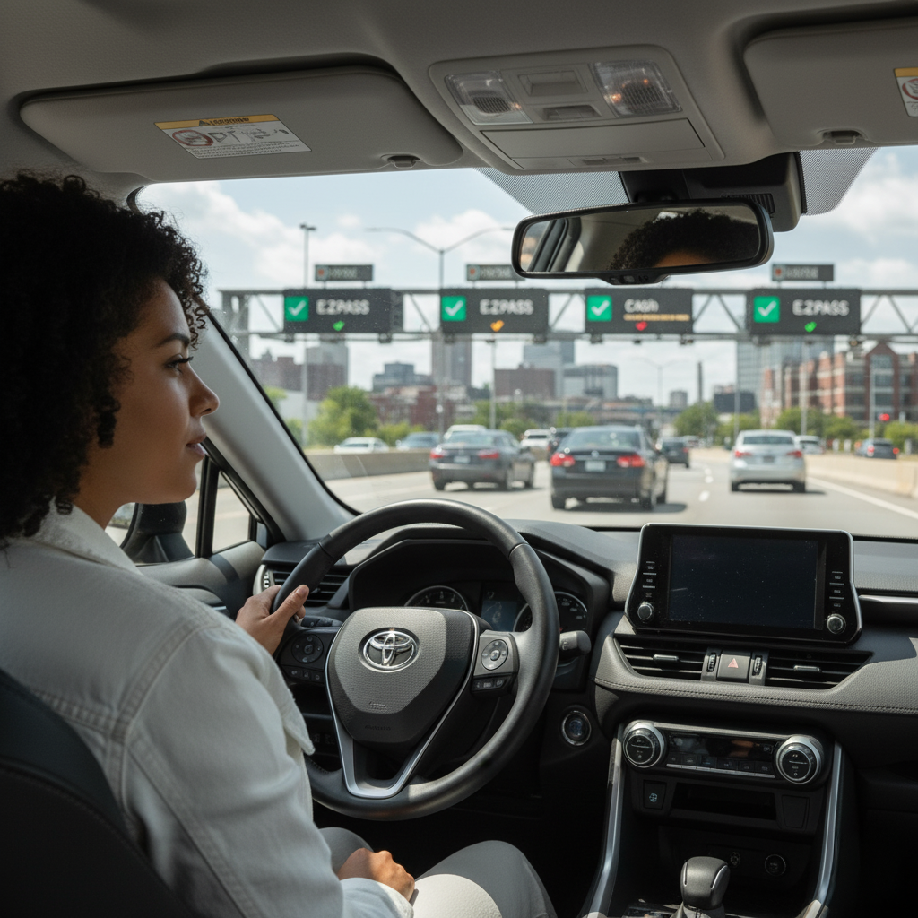 A person driving a modern rental car on a sunny Massachusetts Turnpike, looking at a toll booth ahead and considering toll pass options.