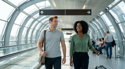 Travelers with luggage walk on a well-lit transit platform from Terminal D at Miami Airport to car rental.