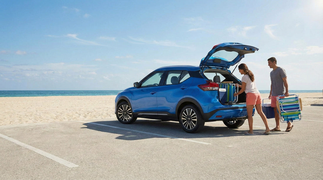 A blue Nissan Kicks SUV parked near a clean Miami beach, with a couple carefully loading beach gear into the trunk.