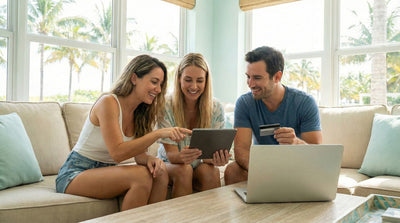 Friends looking at a tablet to book a car hire for a Miami vacation to avoid high season prices.