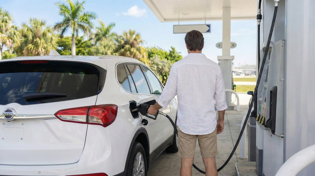 A person refueling their car hire at a sunny gas station with palm trees in Miami