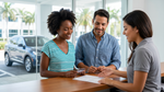 Diverse couple discusses rental documents at a modern Miami car hire counter.