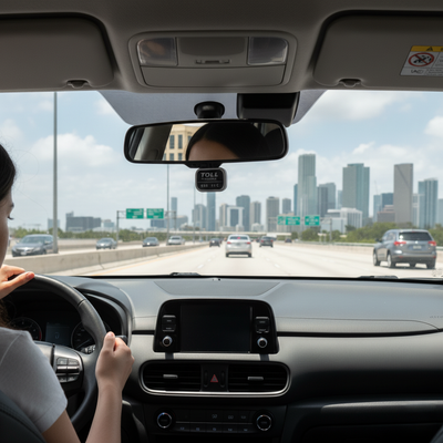 Driver perspective from inside a rental car (SUV) on a sunny, multi-lane Miami highway with the city skyline in the distance, focused on toll choice.