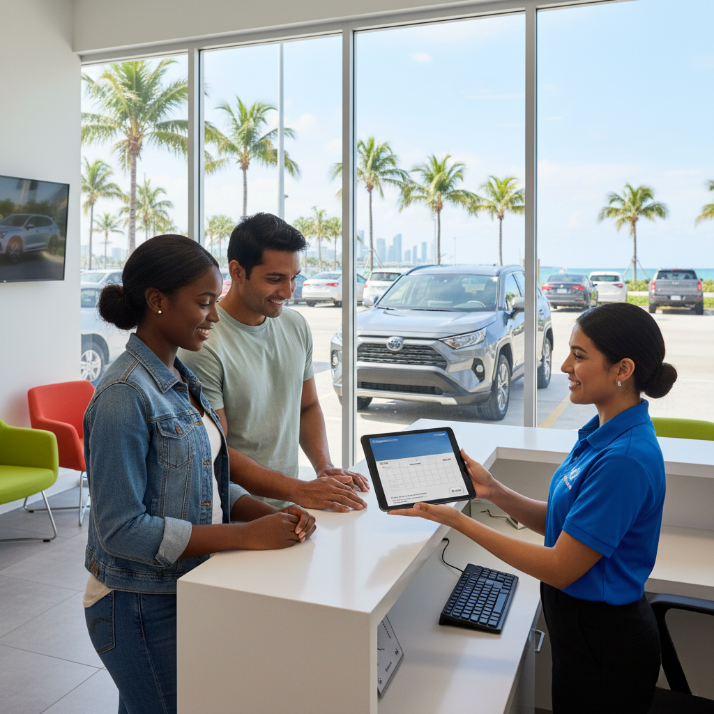 An agent showing a couple long-term car rental options on a tablet in a bright Miami office.