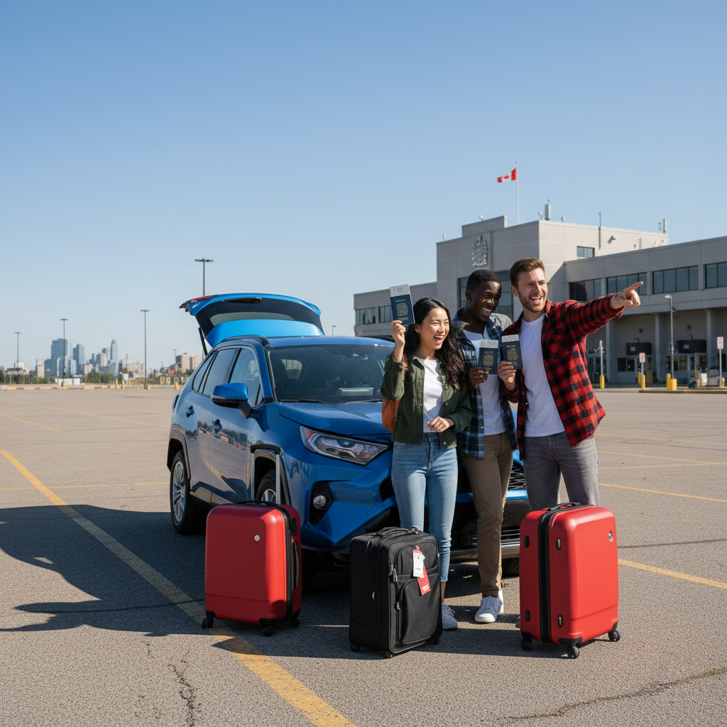 Three diverse friends smiling with luggage next to a blue SUV, parked outside a modern building, ready for a trip to Canada.
